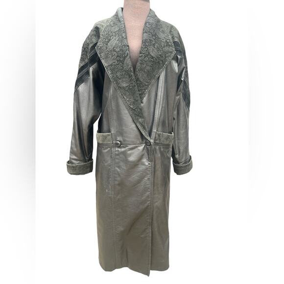 Vtg Leather Double Breasted Brocade Trim Drop Waist Oversized Midi Coat Women SP - Picture 1 of 10